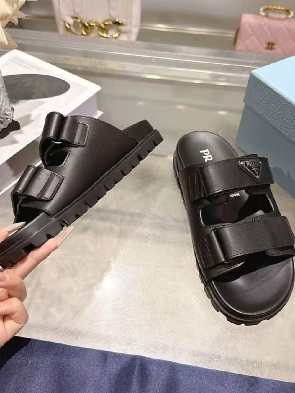 Prada Black Leather Dual Strap Platform Slide Sandals - Picture 4 of 8